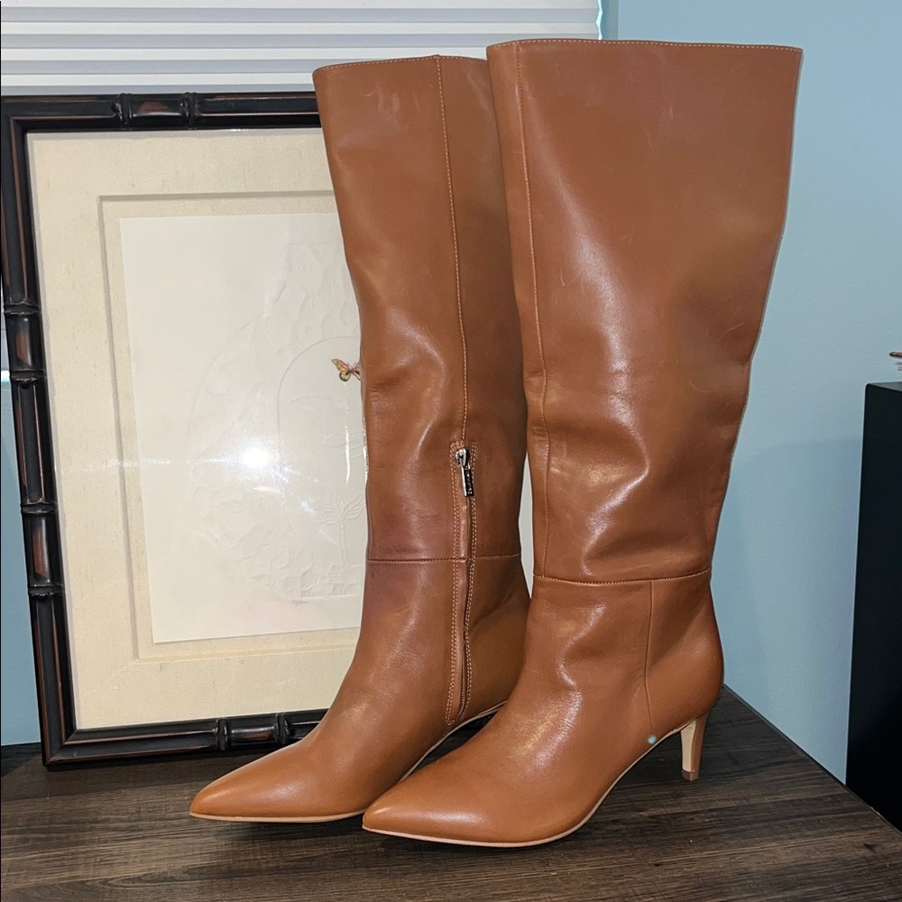 CALVIN KLEIN  Garray Pointy Toe Kitten Heel Knee High Brown Leather Dress Boot